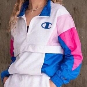 Champion Womens Small Colorblock Quarter Zip Windbreaker Jacket‎ Blue Pink Grey